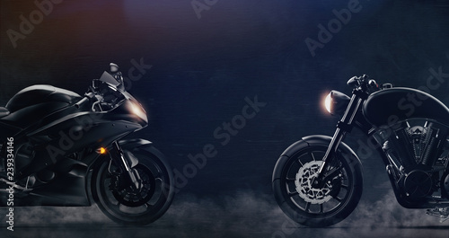 Fotografía Sports and classic black motorcycles facing each other on dark background with s