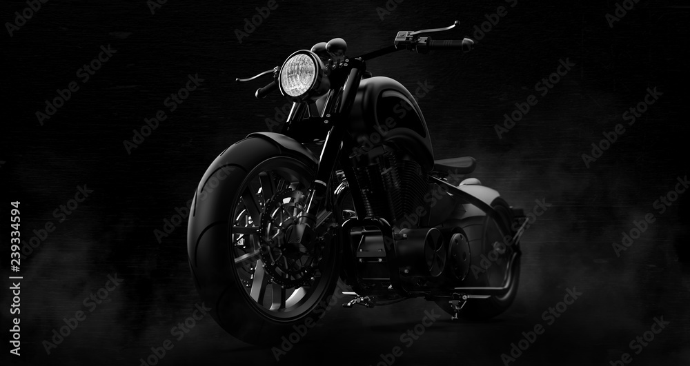 Black motorcycle on a dark background with smoke (3D illustration) - obrazy, fototapety, plakaty 