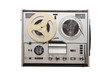 © Nikolay N. Antonov - Analog vintage stereo reel tape deck recorder player with metallic reels isolated on white background.