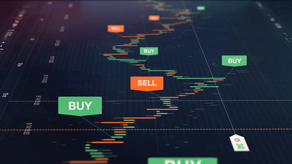 Poster - Modern stock exchange scene with chart, numbers and BUY and SELL options (3D illustration)