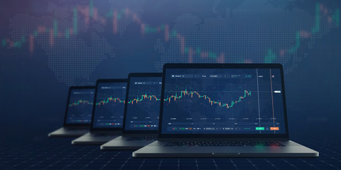 Poster - Modern stock exchange scene with laptops, chart, numbers and onscreen BUY and SELL options (3D illustration)