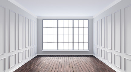 Wall Mural - 3d rendering illustration of big white room interior with big french windows and hardwood floor. Classical living room with molding, wall paneling. Day sun side light. Isolated on white backdrop, cut 