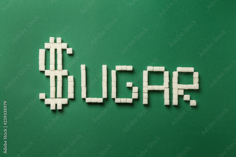 Word SUGAR with dollar symbol on color background