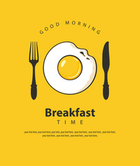 vector banner on the theme of breakfast time with fried egg, fork and knife on the yellow background
