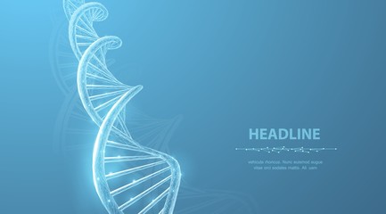 Wall Mural - DNA. Abstract 3d polygonal wireframe DNA molecule helix spiral on blue.