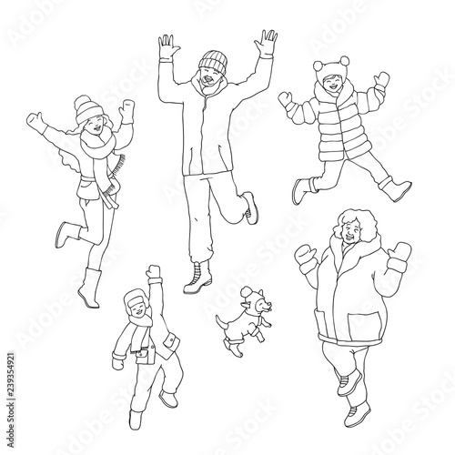 Vector Sketch Cheerful Young Adult Women Men Boy Girl Kids And