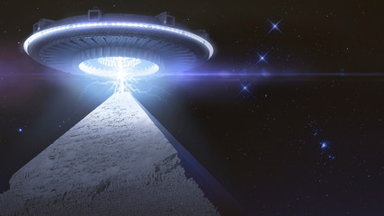 Wall Mural - flying sucer flying over a pyramid and connecting with a energy ray - 3d rendering