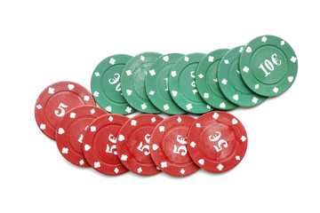 Chips for poker game on white background