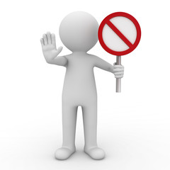 3d man showing stop gesture and holding no sign isolated over white background with shadow 3d render