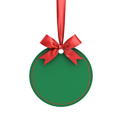 Aufkleber - Blank green paper round christmas ball frame tag label card template hanging with shiny red ribbon and bow isolated on white background for christmas decoration 3D rendering