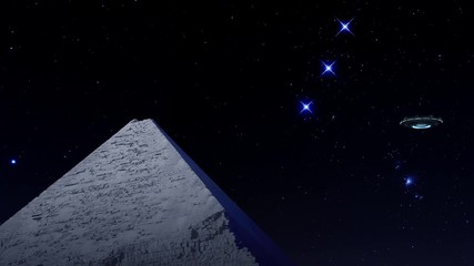 Wall Mural - flying saucer flying over a pyramid and connecting with a energy ray - 3d rendering