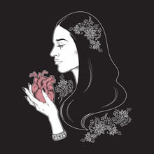 Beautiful Brunette With Heart In Her Hands Line Art And Dot Work Vector Illustration. Boho Chic Tattoo, Sticker, Poster, Tapestry Or Altar Veil Print Design.