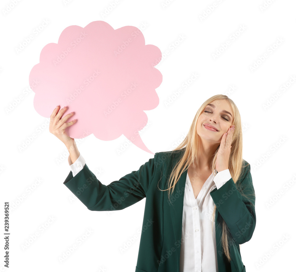 Dreaming young woman with blank speech bubble on white background