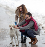 Fototapeta Las - Couple walking dog in park on snow