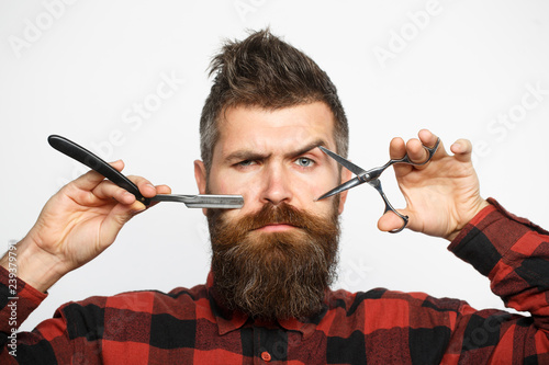 Barber Scissors Mens Haircut Man In Barbershop Bearded