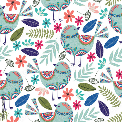 Cotton fabric Floral pattern with birds, flowers and leaves on dark background