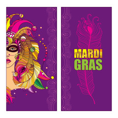 Vector invitation with girl face in outline clown cap, mask, golden peacock feather, ornate collar and colorful beads on the violet background. Mardi Gras party or carnival design in contour style.