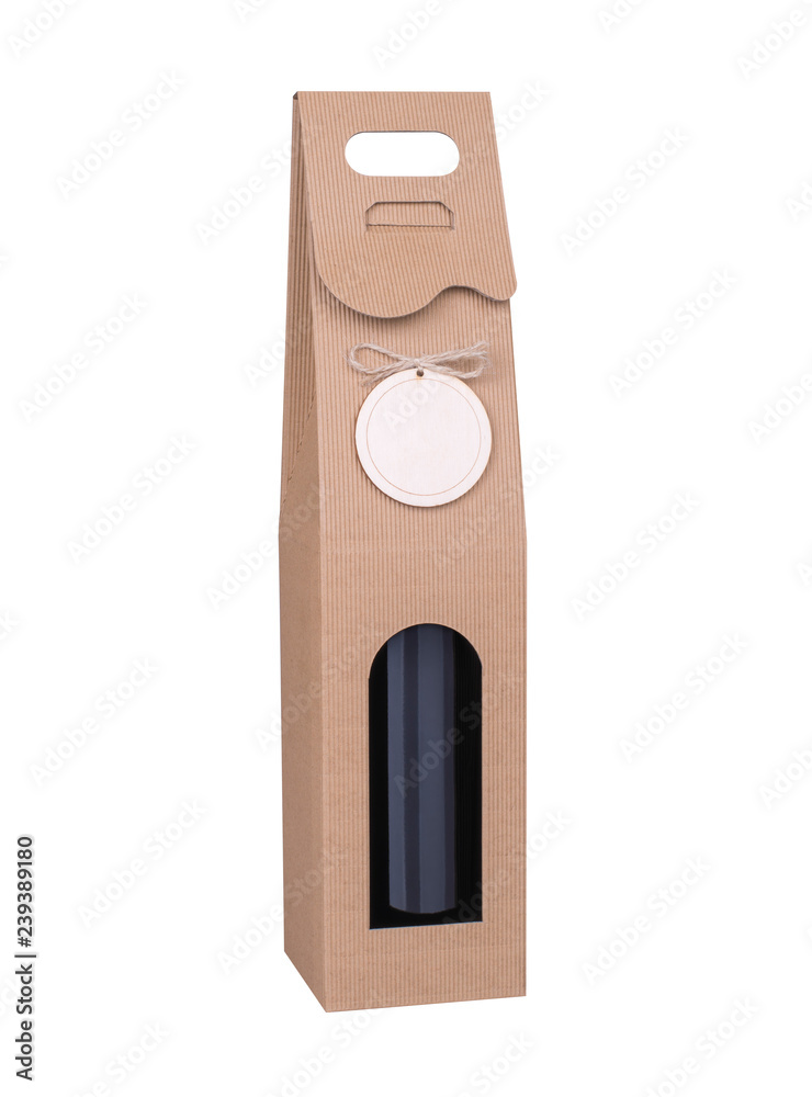 Cardboard pack with wine bottle isolated on white background decorated with blank wooden label. Clipping path included. - obrazy, fototapety, plakaty 