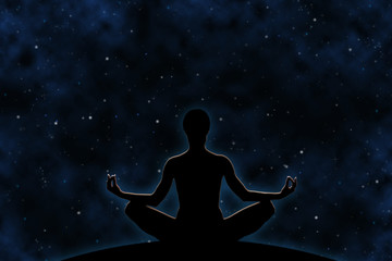 Wall Mural - female yoga figure against universe background, meditation.