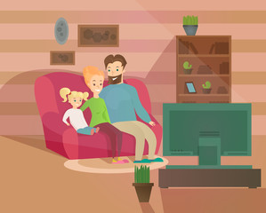 Wall Mural - Vector illustration of happy family evening. Mother, father and kid watching television sitting on the couch at home, cozy interior in flat cartoon style.