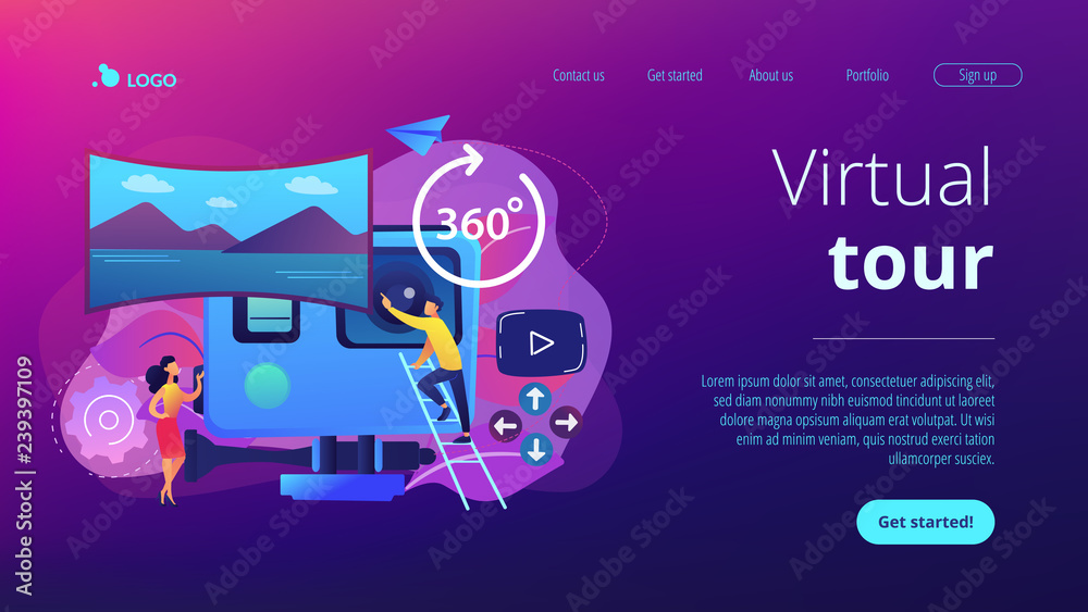 เวกเตอร์ Stock Business people on virtual reality tour 360 watching ...