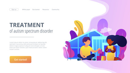 Wall Mural - Children play in center giving information about treatment of ASD. Autism center, treatment of autism spectrum disorder, kids autism help concept. Website vibrant violet landing web page template.