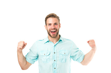 Achieve success. Man handsome bearded guy smiling on white background isolated. Guy cheerful smile feels happy and satisfied. Positive emotions. Man with sincere smile. Good mood. Brilliant smile