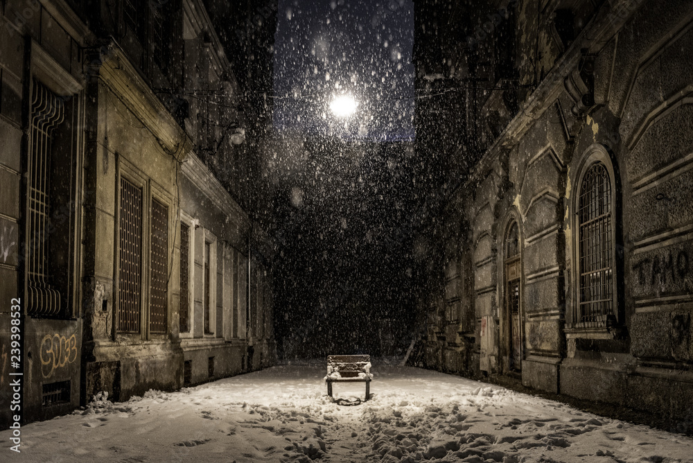 Empty bench on a dark alley - obrazy, fototapety, plakaty 