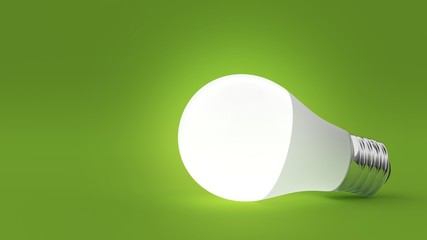 LED light bulb isolated on green background. Light on. 3d illustration.