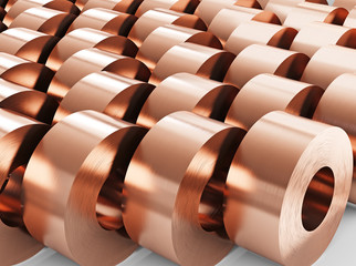 Copper sheets in rolls, rolled metal products. Warehouse of copper rolls, isolated on white background. 3d illustration.