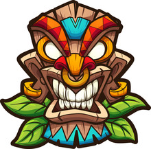 Cartoon Colorful Tiki Mask With Leaves.