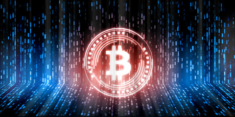 Poster - futuristic modern glowing bitcoin (btc) led logo hologram hover over blue binary data background. fo
