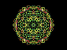 Green, Yellow And Pink Abstract Flame Mandala Flower, Ornamental Round Pattern On Black Background. Yoga Theme.