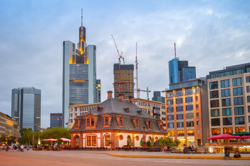Fototapete - Evening Frankfurt cityscape, illuminated street
