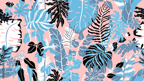 Colorful botanical seamless pattern, hand drawn tropical plants on pink backg...