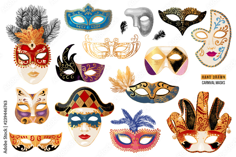 Hand drawn venetian carnival masks collection - obrazy, fototapety, plakaty 