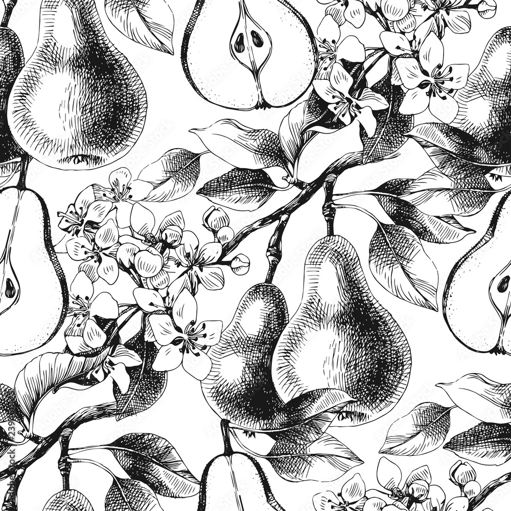 Seamless pattern with hand drawn pear branches Stock Vector | Adobe Stock