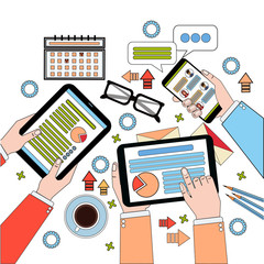 Poster - Business Desk Top View, Work Process With Diagrams And Documents, Businesspeople Hands Holding Digital Tablets And Laptop