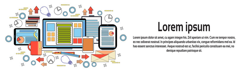 Poster - workplace desk concept horizontal banner, business workspace with computer, diagrams and documents o