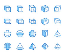 Geometric Shapes Flat Line Icons Set. Abstract Figures - Cube, Sphere, Cone, Prism Vector Illustrations. Thin Signs For Geometry Education, Prototype Development. Pixel Perfect 64x64. Editable Strokes