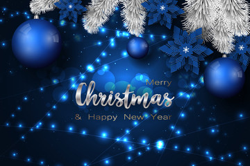 christmas and new year 2021 banner, xmas sparkling magic lights garland with christmas tree, paper s