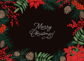 Aufkleber - Horizontal frame or border made of branches and cones of coniferous trees, berries and poinsettia leaves hand drawn on black background and Merry Christmas holiday wish. Winter vector illustration.