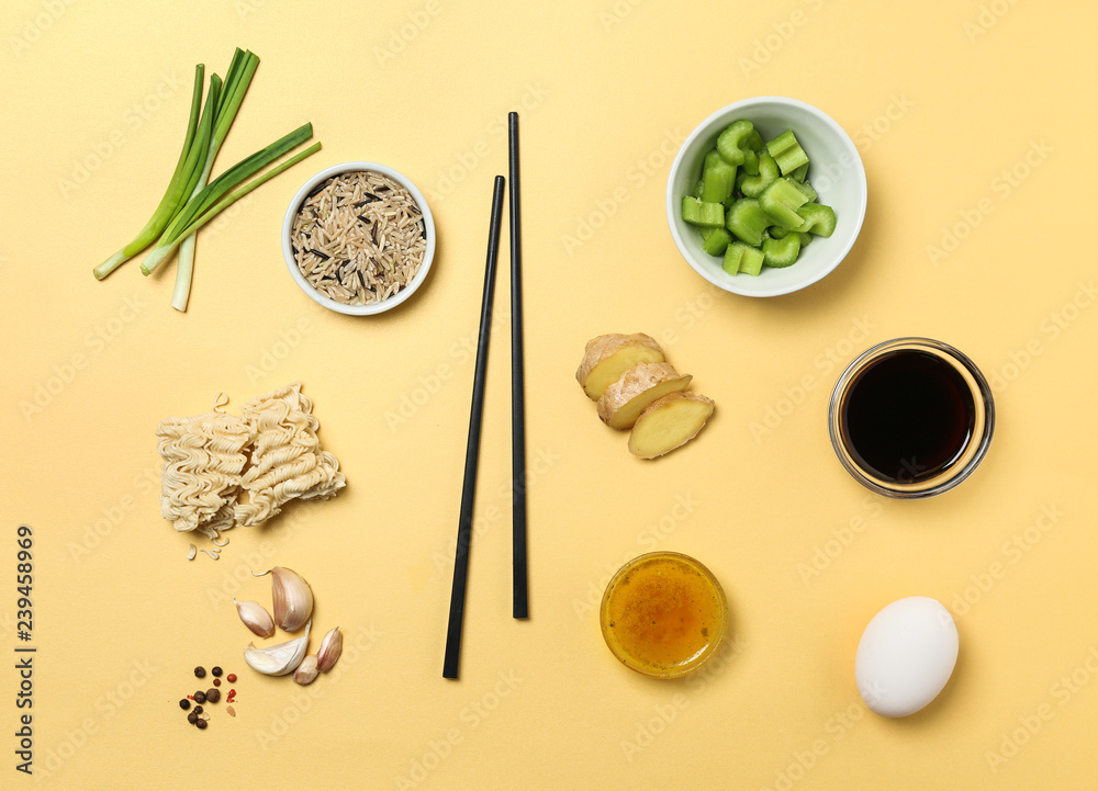 Ingredients for preparing Chinese soup on color background
