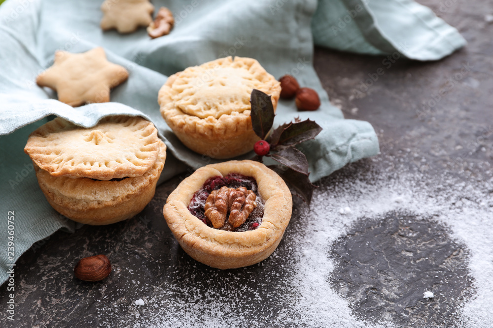 Tasty mince pies on grunge table