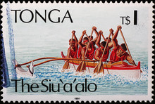 Outrigger Canoe On Postage Stamp Of Tonga