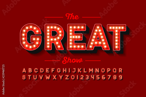 Fotografía Broadway style retro light bulb font, vintage alphabet letters and numbers