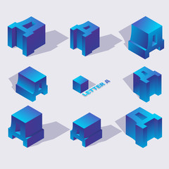 Fototapete - Isometric alphabet font russian letter D. 3d effect letters, various foreshortening with flat shadows. Stock vector typeface for any typography design. Blue 3d letters.
