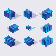 Fototapete - Isometric alphabet font tnglish or russian letter Zh J . 3d effect letters, various foreshortening with flat shadows. Stock vector typeface for any typography design. Blue 3d letters.