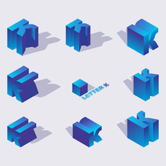 Fototapete - Isometric alphabet font english letter K. 3d effect letters, various foreshortening with flat shadows. Stock vector typeface for any typography design. Blue 3d letters.