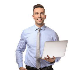 Sticker - Young businessman with laptop on white background